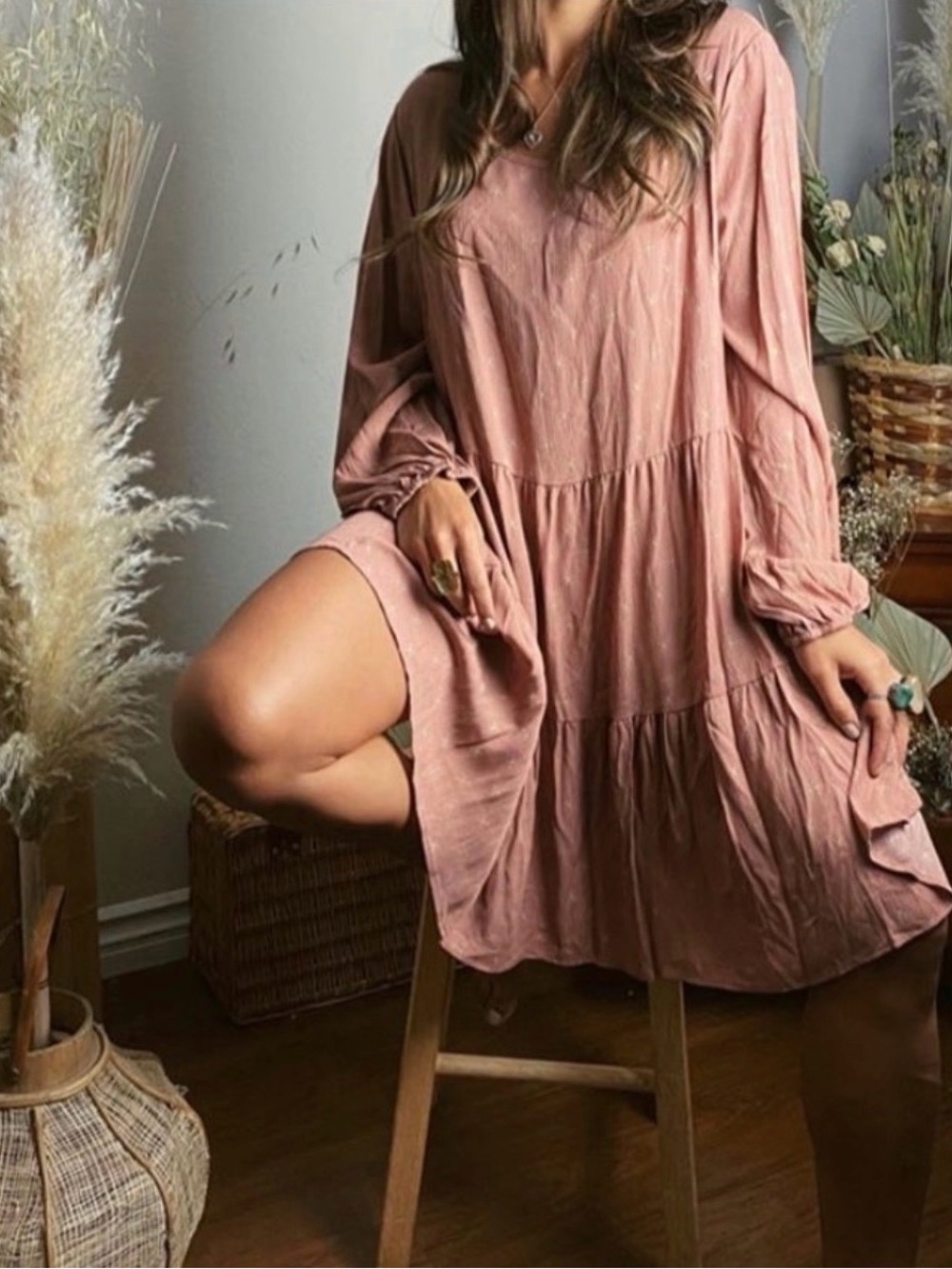 Boho Tiered V-Neck Mini Dress in Dusty Rose